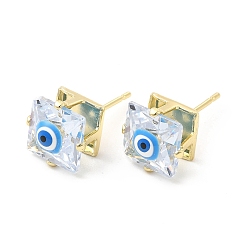 Bleu Ciel Foncé Boucles d'oreilles carrées en verre avec mauvais œil en émail, bijoux en laiton plaqué or véritable 18k pour femmes, bleu profond du ciel, 9x9mm, pin: 0.7 mm