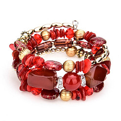 Rouge Bracelet style wrap à trois boucles en perles d'alliage et de résine, bracelet style bohème pour femme, rouge, 7-1/8 pouce (18 cm)
