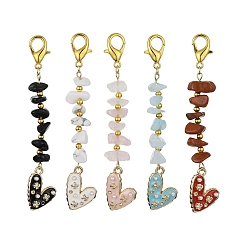 Mixed Stone Heart Alloy Enamel Pendant Decorations, Natural & Synthetic Gemstone Chips and Alloy Lobster Claw Clasps Charms, 81mm