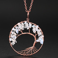 Opalite Colliers à pendentif arbre de vie en copeaux d'opalite, collier de chaîne de câble en alliage pour femmes, 20-7/8 pouce (53 cm)