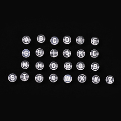 Clair Perles acryliques transparentes transparentes, trou horizontal, mélange de lettres, plat rond avec lettre blanche, 7x4mm, Trou: 1.5mm, 100 pcs /sachet 