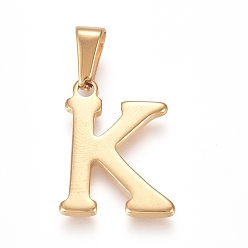 Letter K 304 colgantes de acero inoxidable, dorado, letter.k inicial, 20x15x1.8 mm, agujero: 3x7 mm