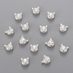 Серебро Бусы из сплава в тибетском стиле, голова кошки , без свинца и без кадмия, серебряные, 8x8x5 мм, отверстие : 2 мм