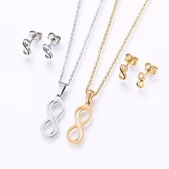 Mixed Color 304 Stainless Steel Jewelry Sets, Stud Earrings and Pendant Necklaces, Infinity, Mixed Color, Necklace: 17.7 inch(45cm), Stud Earrings: 9.5x4x1.2mm, Pin: 0.8mm