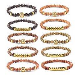 Mixed Color Wooden Beads Stretch Bracelets Set, with Synthetic Hematite Beads and Brass Beads, Mixed Color, Inner Diameter: 2-1/4 inch(5.7cm), 2pcs/set
