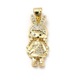 Clear Brass Micro Pave Cubic Zirconia Pendants, Real 18K Gold Plated, Girl Charm with Rabbit Hat, Clear, 23x10x3mm, Hole: 3.5x4mm