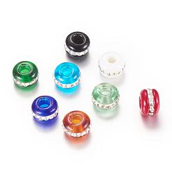 Mixed Color Lampwork European Beads, Large Hole Beads, with Rhinestones, Rondelle, Mixed Color, 13~14x9mm, Hole: 4~4.5mm