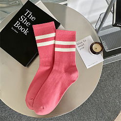 Hot Pink Cotton Knitting Socks, Winter Warm Thermal Socks, Stripe Pattern, Hot Pink, 300x70mm