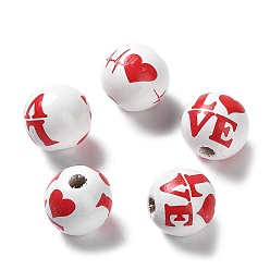 Word Valentine's Day Theme Printed Wood Beads, Round, Word, 15~16x14.5~15mm, Hole: 3~4mm