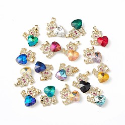 Mixed Color Real 18K Gold Plated Rack Plating Brass Micro Pave Cubic Zirconia Pendants, with Glass, Long-Lasting Plated, Cadmium Free & Lead Free, Cat with Heart, Mixed Color, 21x19.5x7.5mm, Hole: 3.5x5mm