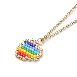Colorful Rainbow Color Japanese Seed Braided Heart Pendant Necklace with 304 Stainless Steel Chains for Women, Colorful, 15.94 inch(40.5cm)