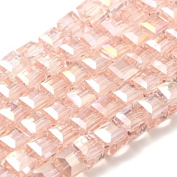 Pink Electroplate Glass Beads Strands, AB Color Plated, Faceted, Cube, Pink, 7~8x7~8x7~8mm, Hole: 1mm