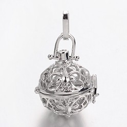 Platinum Eco-Friendly Rack Plating Brass Hollow Round with Butterfly Cage Pendants, For Chime Ball Pendant Necklaces Making, Cadmium Free & Nickel Free & Lead Free, Platinum, 34x24.6mm, Hole: 9x3.5mm, inner: 18mm