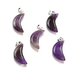 Amethyst Natural Amethyst Pendants, Moon Charms, with Platinum Tone Brass Findings, 25~25.5x12x5.5mm, Hole: 6x2.5mm