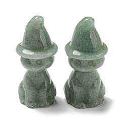 Green Aventurine Natural Green Aventurine Carved Healing Cat with Witch Hat Figurines, Reiki Energy Stone Display Decorations, 48~50x19~21mm