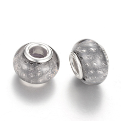 Light Grey Resin European Beads, Large Hole Beads, with Silver Color Plated Brass Cores, Rondelle, Light Grey, 14x9~9.5mm, Hole: 5mm