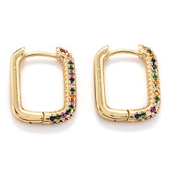Colorful Brass Micro Pave Cubic Zirconia Huggie Hoop Earrings, Real 18K Gold Plated, Rectangle, Colorful, 20x16x2.5mm, Pin: 0.7mm