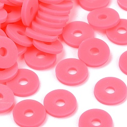 Rosa Caliente Cuentas de arcilla polimérica hechas a mano ecológicas, disco / plano y redondo, perlas heishi, color de rosa caliente, 8x0.5~1 mm, agujero: 2 mm, Sobre 13000 unidades / 1000 g