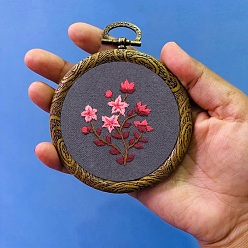 Slate Gray DIY Pendant Decoration Embroidery Kits, Including Printed Cotton Fabric, Embroidery Thread & Needles, Embroidery Hoop, Flower Pattern, Slate Gray, Embroidery Hoop: 100mm