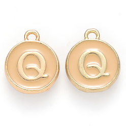 Letter Q Golden Plated Alloy Enamel Charms, Cadmium Free & Lead Free, Enamelled Sequins, Flat Round with Letter, Wheat, Letter.Q, 14x12x2mm, Hole: 1.5mm