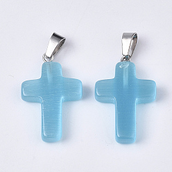 Sky Blue Cat Eye Pendants, with Stainless Steel Peg Bails, Cross, Stainless Steel Color, Sky Blue, 28~30x18x6mm, Hole: 7x3.5mm
