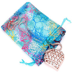 Cyan Rectangle Printed Organza Drawstring Bags, Colorful Coral Pattern, Cyan, 15x10cm
