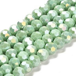 Светло-зеленый Подставки для непрозрачных стеклянных бусин, AB цвет, граненый (32 граней), круглые, светло-зеленый, 10x8.5~9 мм, отверстие : 1.6 мм, около 67 шт / нитка, 23.62 дюйм (60 см)