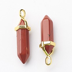 Red Jasper Natural Red Jasper Double Terminated Pointed Pendants, with Random Alloy Pendant Hexagon Bead Cap Bails, Golden, Bullet, 37~40x12.5x10mm, Hole: 3x4.5mm