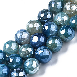 Steel Blue Natural Agate Beads Strands, Pearl Luster Plated, Faceted, Round, Steel Blue, 12mm, Hole: 1.6mm, about 32~34pcs/strand, 13.94~16.06 inch(35.4~40.8cm)