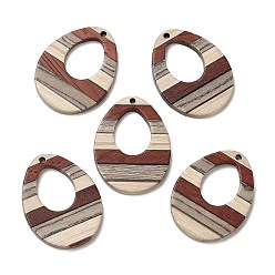 Colorful Wenge Wood & Sandalwood & White Ash Pendants, Teardrop Charms, Colorful, 37x28x3.5mm, Hole: 2mm, Inner Diameter: 18x14mm