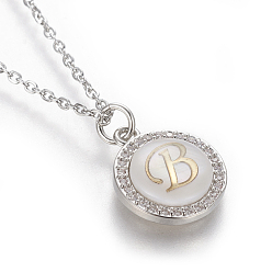 Letter B Brass Initial Pendant Necklaces, with Shell, Cubic Zirconia and 304 Stainless Steel Cable Chains, Flat Round with Letter, Letter.B, 17.5 inch(44.5cm), 1.5mm