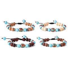 Mixed Color Wooden Braided Bead Bracelets Sets, Brass with Synthetic Coral and Turquoise(Dyed) Adjustable Bracelets for Women, Mixed Color, Inner Diameter: 2~3 inch(5.1~7.5cm), 4pcs/set