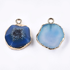 Royal Blue Electroplate Natural Agate Pendants, with Brass Findings, Faceted, Dyed, Golden, Royal Blue, 17~22x14~18x5~10mm, Hole: 1.8mm