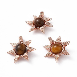 Tiger Eye Natural Tiger Eye Pendants, Sun Charms, with Rack Plating Rose Gold Tone Brass Findings, Cadmium Free & Lead Free, 26~28x24~28x10mm, Hole: 2x4mm
