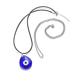 Blue Teardrop Lampwork Evil Eye Pendants Necklaces, with 316 Surgical Stainless Steel Rolo Chains/Cowhide Leather Cord and 304 Stainless Steel Lobster Claw Clasps, with Burlap Paking Pouches Drawstring Bagss, Blue, 17.1 inch(43.5cm), 23.5 inch(59.8cm), 2pcs/set