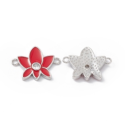 Red Rack Plating Brass Pave Clear Cubic Zirconia Connector Charms, Lotus Flower Links, with Enamel, Long-Lasting Plated, Lead Free & Cadmium Free, Platinum, Red, 21x16x2.5mm, Hole: 1.8mm