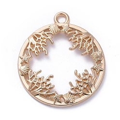 Light Gold Zinc Alloy Open Back Bezel Pendants, For DIY UV Resin, Epoxy Resin, Pressed Flower Jewelry, Ring with Ocean Plants, Light Gold, 34x30x3mm, Hole: 3mm