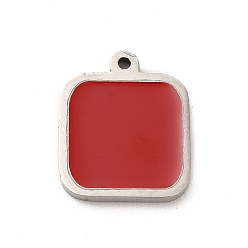 Rouge 304 acier inoxydable émail pendentifs, charme carré, couleur inox, rouge, 13x11x1.4mm, Trou: 1mm