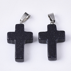 Blue Goldstone Synthetic Blue Goldstone Pendants, with Stainless Steel Peg Bails, Cross, Stainless Steel Color, 28~30x18x6mm, Hole: 7x3.5mm