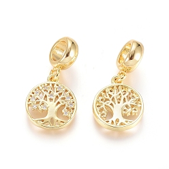 Golden Brass Micro Pave Clear Cubic Zirconia European Dangle Charms, Large Hole Pendants, Flat Round with Tree of Life, Golden, 23mm, Hole: 5mm, Flat Round: 14x12x2mm