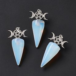 Opalite Opalite Pendants, Cone Charms, with Platinum Tone Brass Triple Moon with Star Findings, Cadmium Free & Nickel Free & Lead Free, 47~50x23x14.5~15mm, Hole: 7.5x5mm