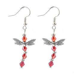 Red Half-Handmade Glass Beaded Earrings, Alloy Dragonfly Earrings, with Brass Earrings Hooks, Silver and Antique Silver, Red, 47mm, Pin: 0.7mm