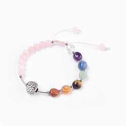 Quartz Rose Nylon réglable bracelets cordon tressé de perles, avec pierres naturelles mélangées et perles de quartz rose, perles de laiton et perles d'alliage, plat et circulaire avec arbre de vie, 2 pouces (5 cm) ~3-1/8 pouces (8 cm)