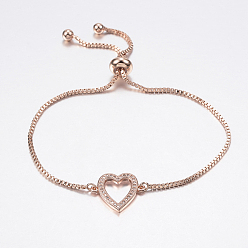 Rose Gold Adjustable Brass Bolo Bracelets, Slider Bracelets, with Cubic Zirconia and Box Chains, Heart, Rose Gold, 10-1/4 inch(260mm)
