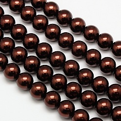 Brun De Noix De Coco Brins de perles rondes en verre teinté écologique, Grade a, cordon en coton fileté, brun coco, 12mm, Trou: 0.7~1.1mm, Environ 34 pcs/chapelet, 15 pouce