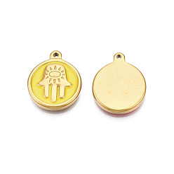 Yellow 304 Stainless Steel Enamel Pendants, Real 18K Gold Plated, Flat Round with Hamsa Hand, Yellow, 18x15x2.5mm, Hole: 1.2mm