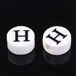 Letter H Handmade Porcelain Beads, Horizontal Hole, Flat Round with Letter, White, Letter.H, 8~8.5x4.5mm, Hole: 2mm