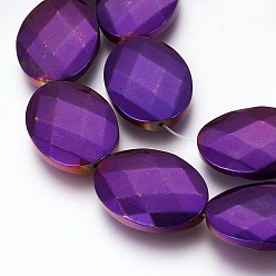 Purple Plated Electroplated Non-magnetic Synthetic Hematite Beads Strands, Polish, Faceted, Oval, Purple Plated, 25x18x5.5mm, Hole: 1mm, about 16pcs/strand, 15.74 inch(40cm)