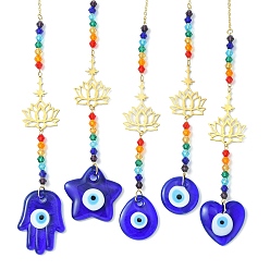 Colorful Glass Beaded Pendant Decorations, with Evil Eye Lampwork and 201 Stainless Steel Lotus Hanging Ornaments, Star/Teardrop/Heart/Flat Round/Hamsa Hand, Colorful, 235~254mm