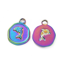 Rainbow Color Ion Plating(IP) 304 Stainless Steel Pendants, Flat Round with Dolphin Charm, Rainbow Color, 16x13x2mm, Hole: 2mm